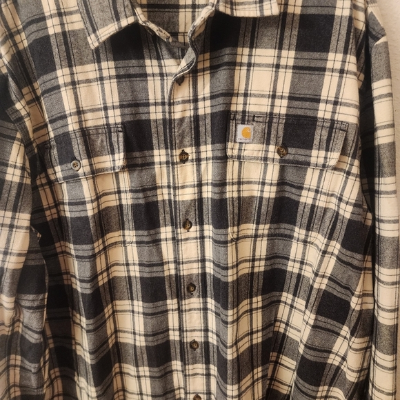 EUC Carhartt Black / Cream Plaid Flannel Button Up Shirt Mens 2XL Tall - Picture 2 of 10